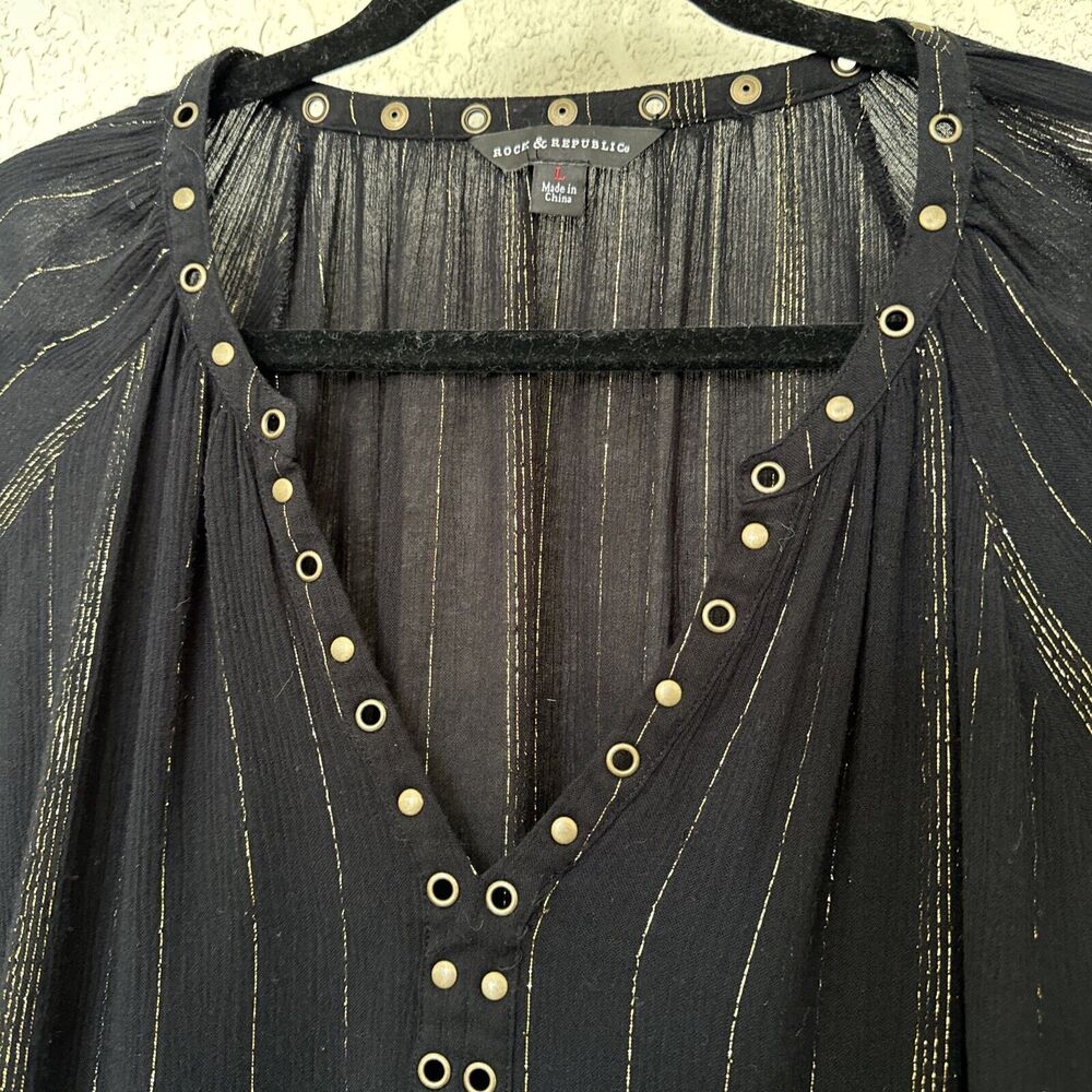 Metallic Striped Top Night Blouse Black Gold Long Sleeve V-neck Women’s Size L - Picture 7 of 14